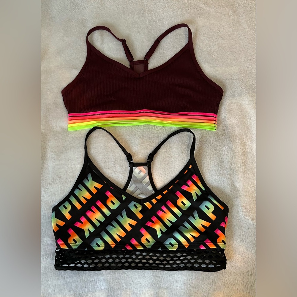 PINK Victoria's Secret Black Sports Bra with Colorful Logo (2 TOTAL)